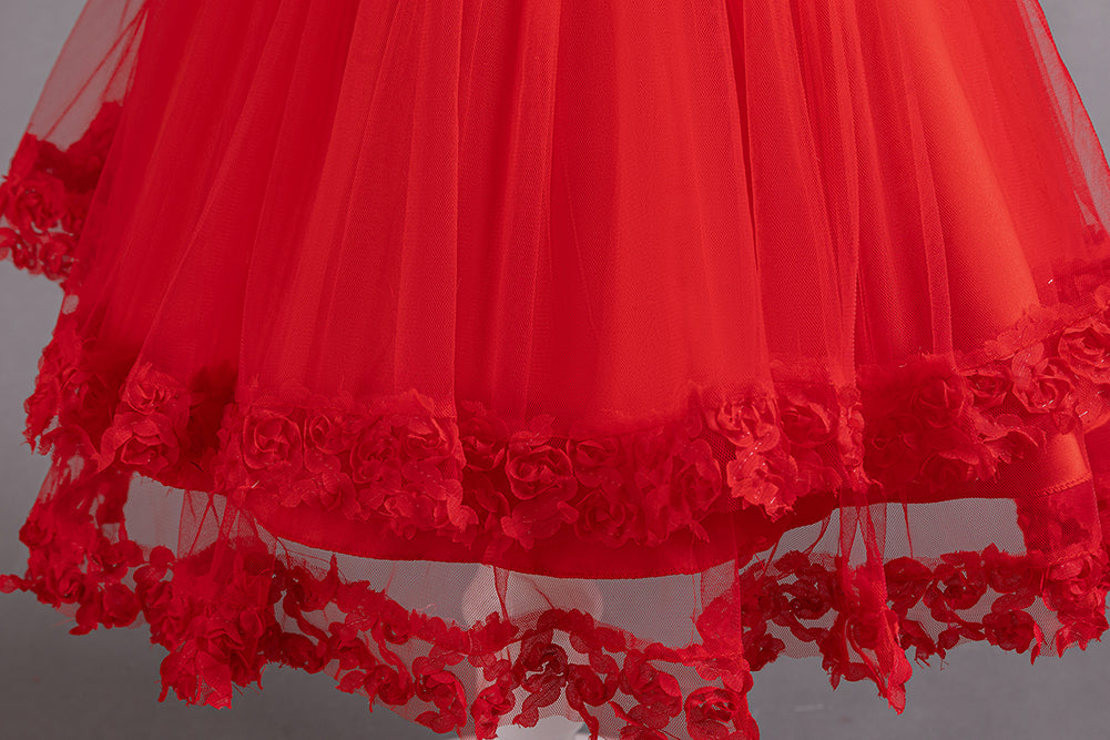 Red Girls Embellished Puff Sleeves Ruffles Detail Ruffled Balloon Dress