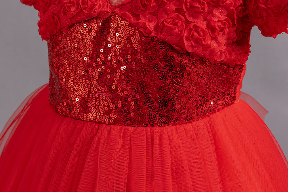 Red Girls Embellished Puff Sleeves Ruffles Detail Ruffled Balloon Dress