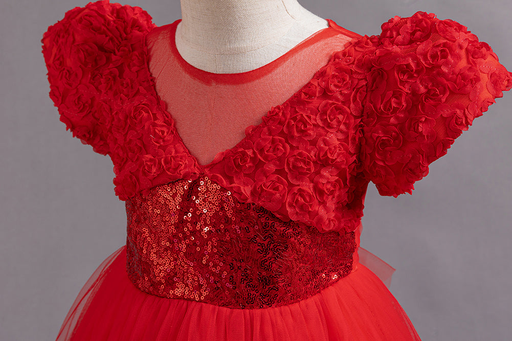Red Girls Embellished Puff Sleeves Ruffles Detail Ruffled Balloon Dress