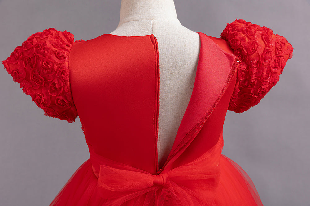 Red Girls Embellished Puff Sleeves Ruffles Detail Ruffled Balloon Dress