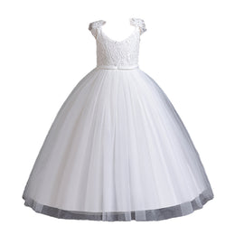 Girls White Self Design Gathered Balloon Maxi Dress