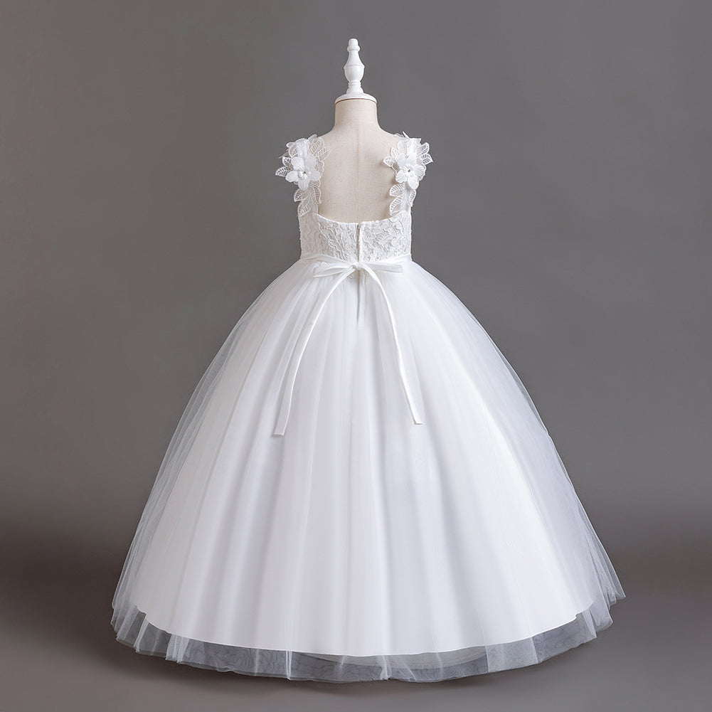 Girls White Self Design Gathered Balloon Maxi Dress