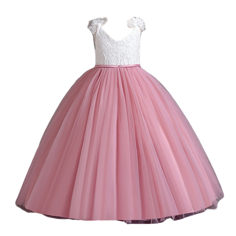 Girls Pink Self Design V-Neck Gathered Detailed Maxi Dress