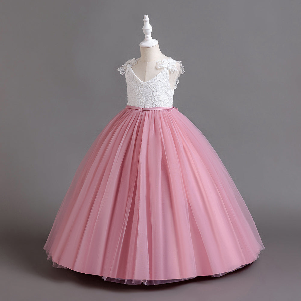 Girls Pink Self Design V-Neck Gathered Detailed Maxi Dress