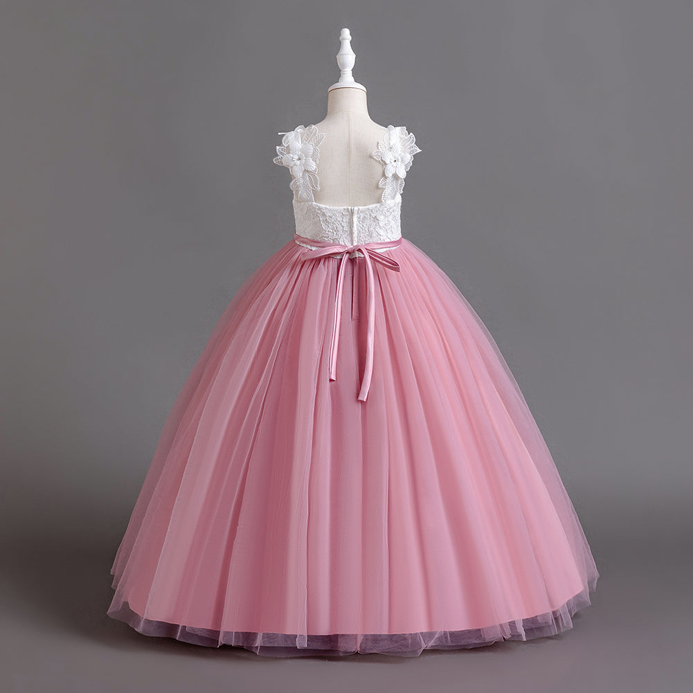 Girls Pink Self Design V-Neck Gathered Detailed Maxi Dress
