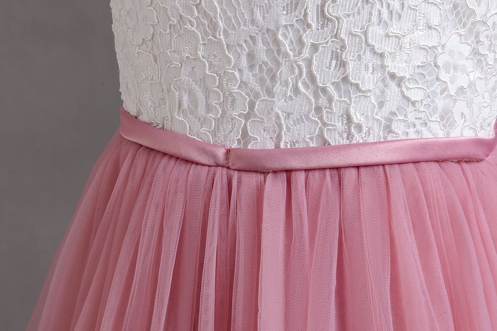 Girls Pink Self Design V-Neck Gathered Detailed Maxi Dress