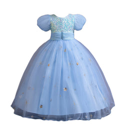 Blue Embellished Puff Sleeves Maxi Peplum Dress