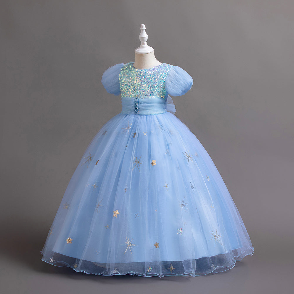 Blue Embellished Puff Sleeves Maxi Peplum Dress