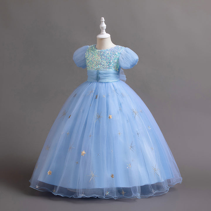 Blue Embellished Puff Sleeves Maxi Peplum Dress