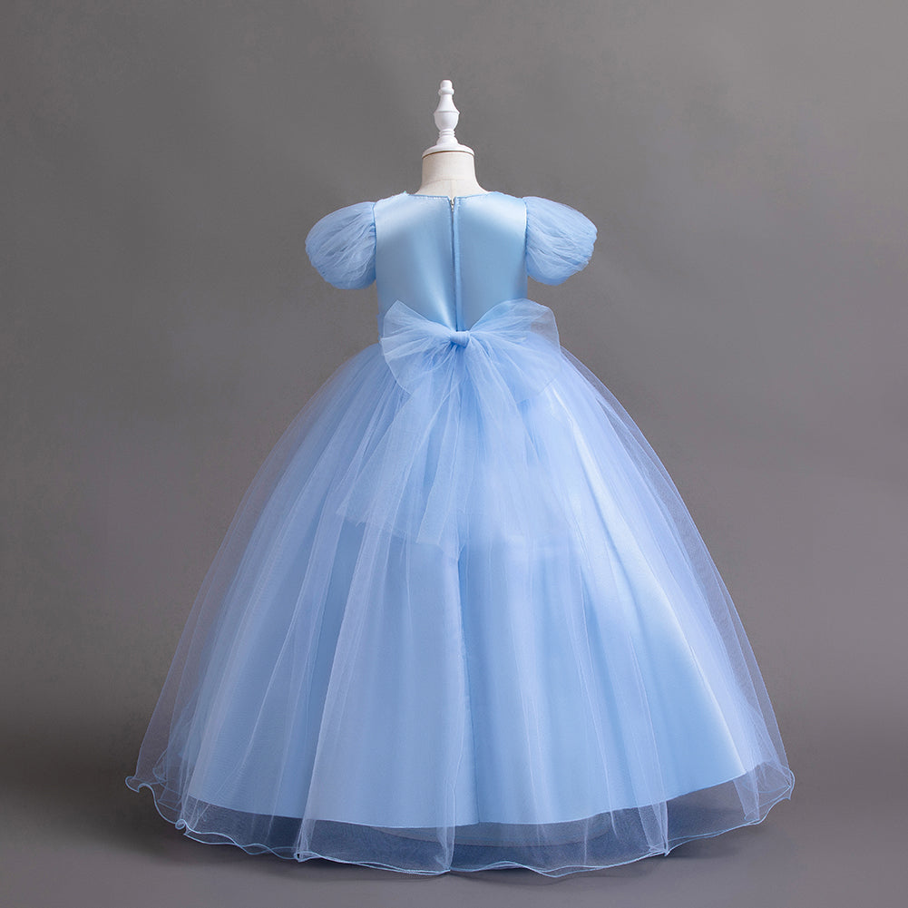Blue Embellished Puff Sleeves Maxi Peplum Dress