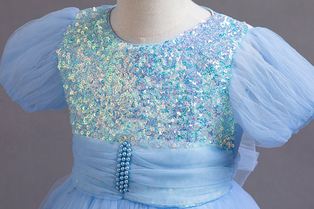 Blue Embellished Puff Sleeves Maxi Peplum Dress