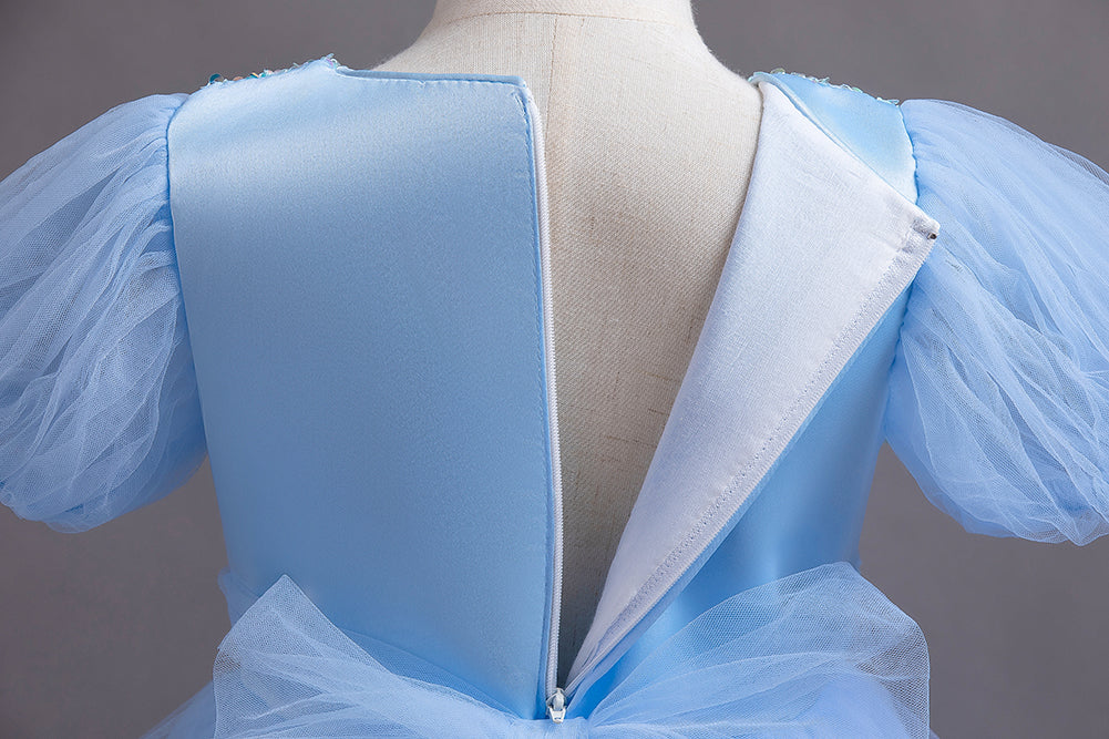 Blue Embellished Puff Sleeves Maxi Peplum Dress