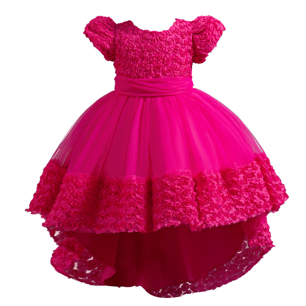 Girls Fuchsia Floral Self Design Puffed Sleeves Fit & Flare Dress