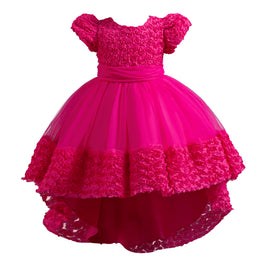 Girls Fuchsia Floral Self Design Puffed Sleeves Fit & Flare Dress