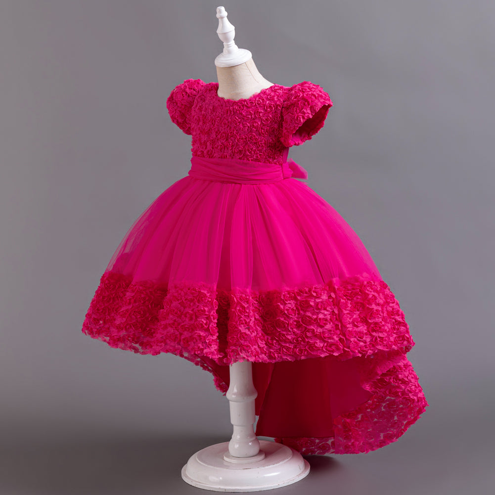 Girls Fuchsia Floral Self Design Puffed Sleeves Fit & Flare Dress