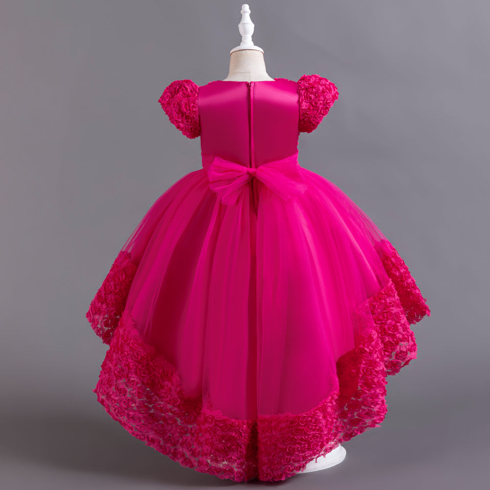 Girls Fuchsia Floral Self Design Puffed Sleeves Fit & Flare Dress