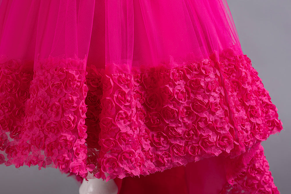 Girls Fuchsia Floral Self Design Puffed Sleeves Fit & Flare Dress