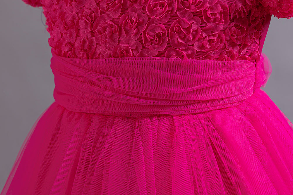Girls Fuchsia Floral Self Design Puffed Sleeves Fit & Flare Dress