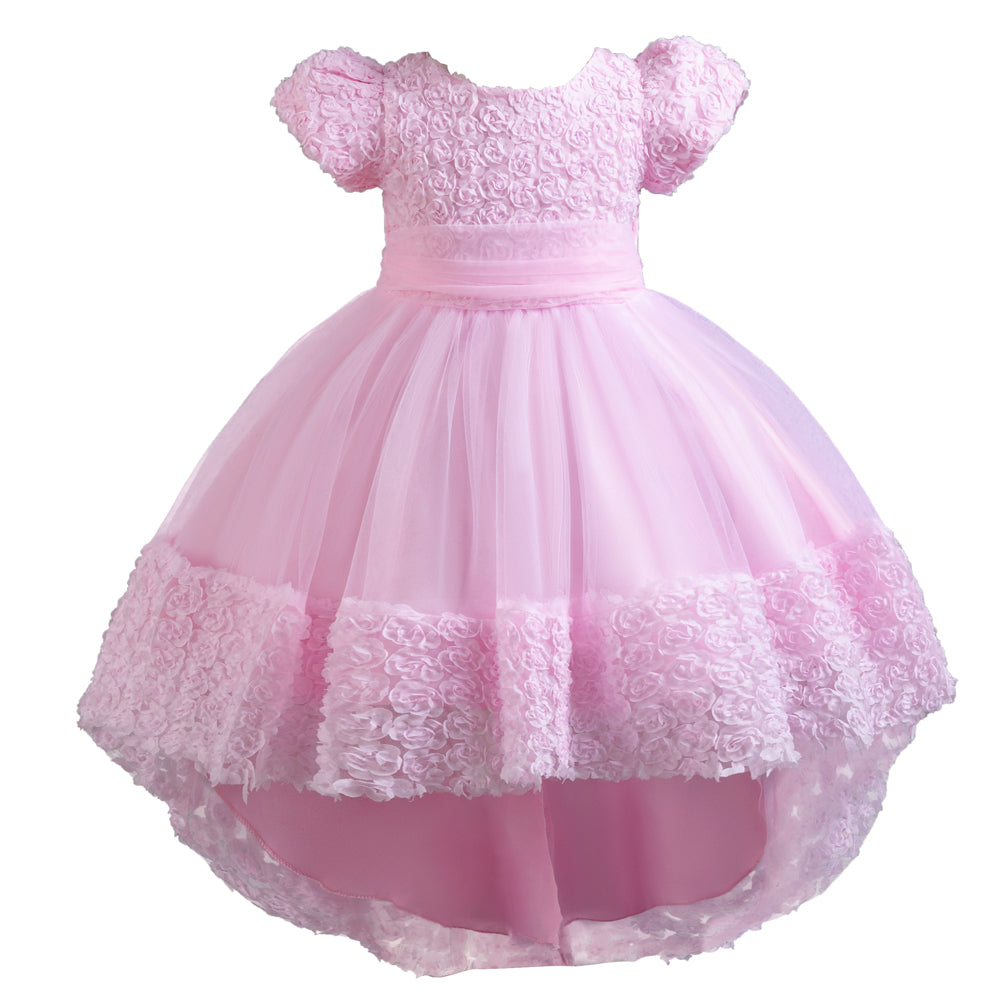 Girls Pink Floral Self Design Puff Sleeves Fit & Flare High-Low Maxi Dress