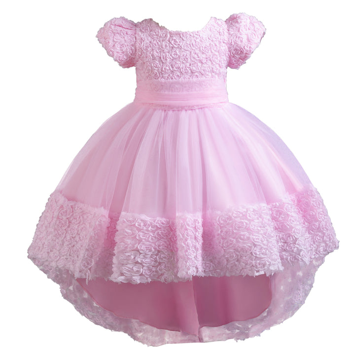 Girls Pink Floral Self Design Puff Sleeves Fit & Flare High-Low Maxi Dress