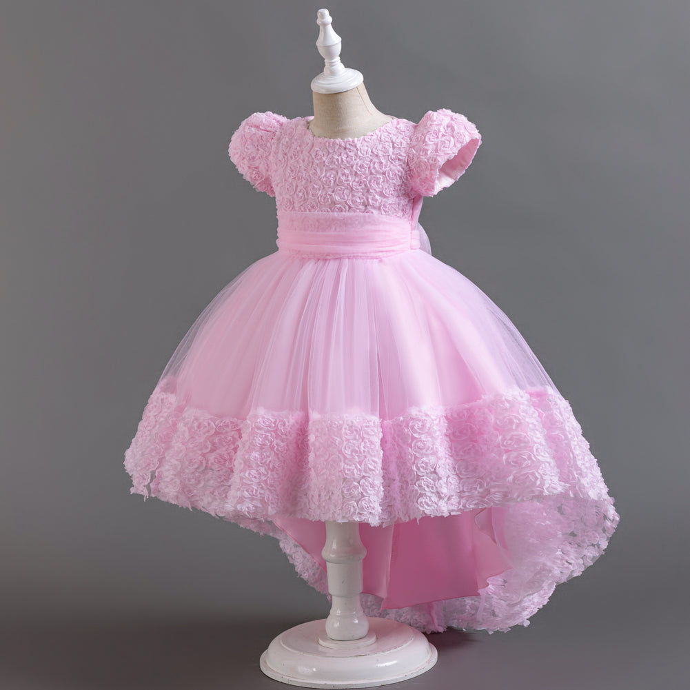 Girls Pink Floral Self Design Puff Sleeves Fit & Flare High-Low Maxi Dress