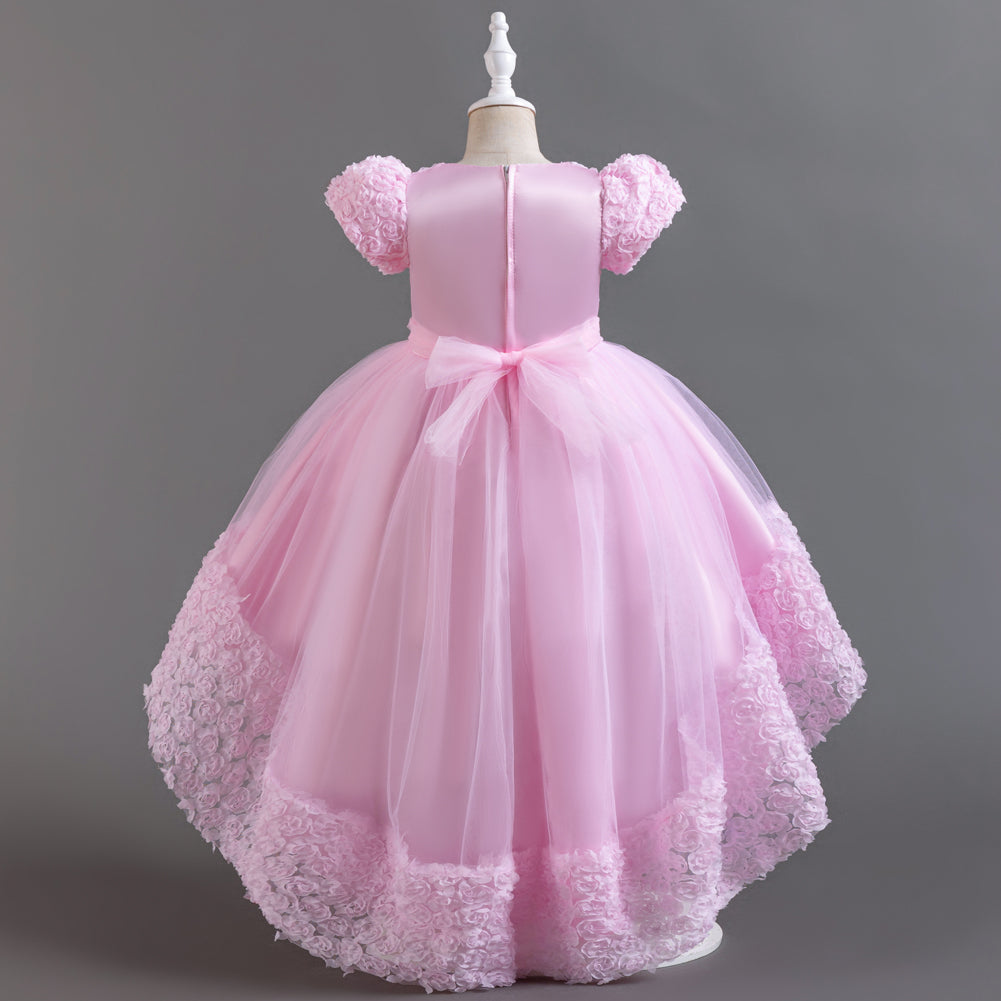 Girls Pink Floral Self Design Puff Sleeves Fit & Flare High-Low Maxi Dress