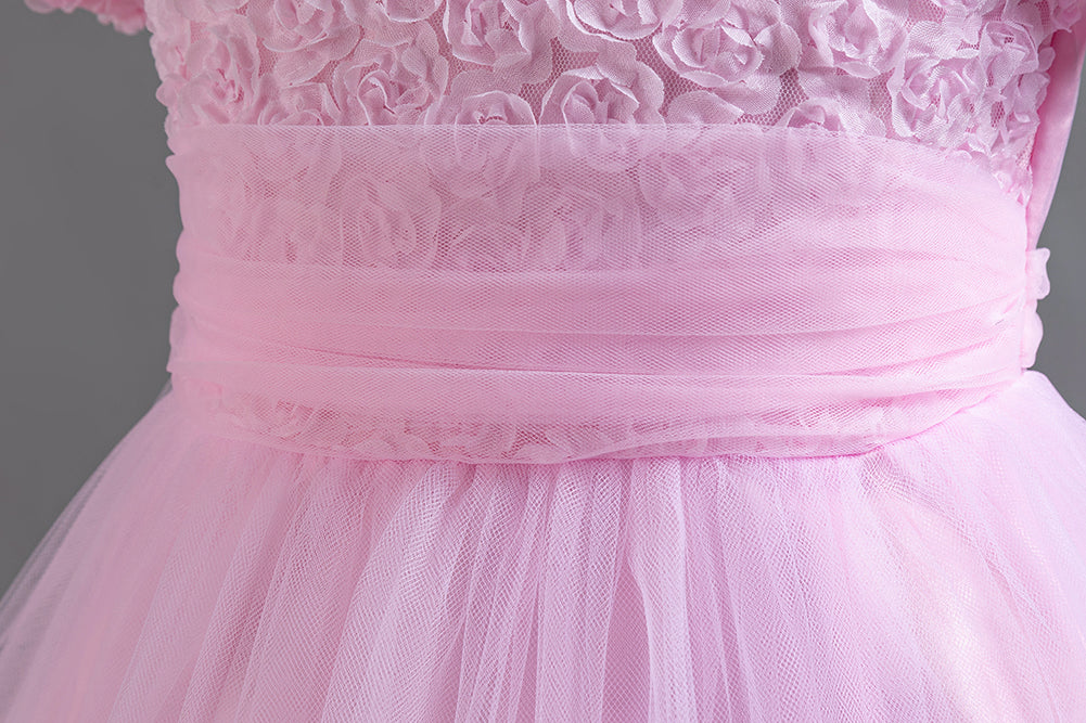 Girls Pink Floral Self Design Puff Sleeves Fit & Flare High-Low Maxi Dress