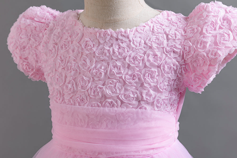 Girls Pink Floral Self Design Puff Sleeves Fit & Flare High-Low Maxi Dress