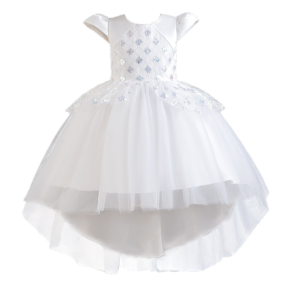 Girls White Embellished Puff Sleeves Sequinned Fit and Flare Dress