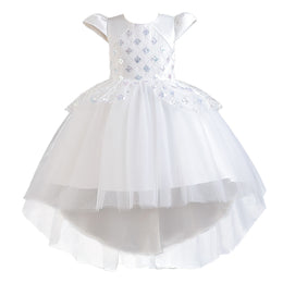 Girls White Embellished Puff Sleeves Sequinned Fit and Flare Dress