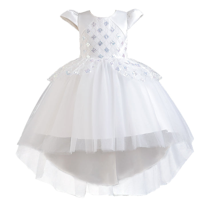 Girls White Embellished Puff Sleeves Sequinned Fit and Flare Dress