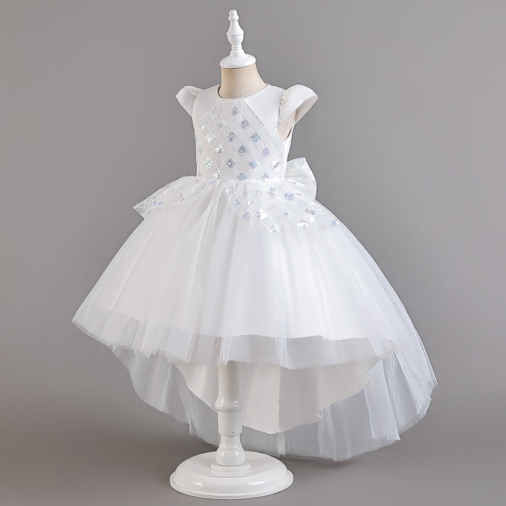 Girls White Embellished Puff Sleeves Sequinned Fit and Flare Dress