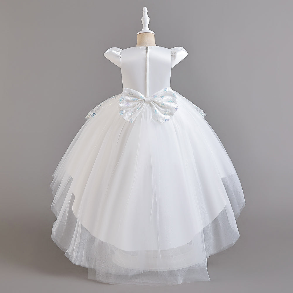 Girls White Embellished Puff Sleeves Sequinned Fit and Flare Dress