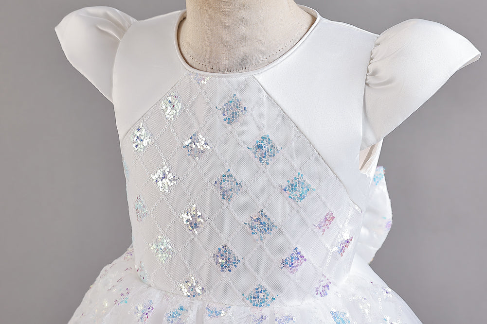 Girls White Embellished Puff Sleeves Sequinned Fit and Flare Dress
