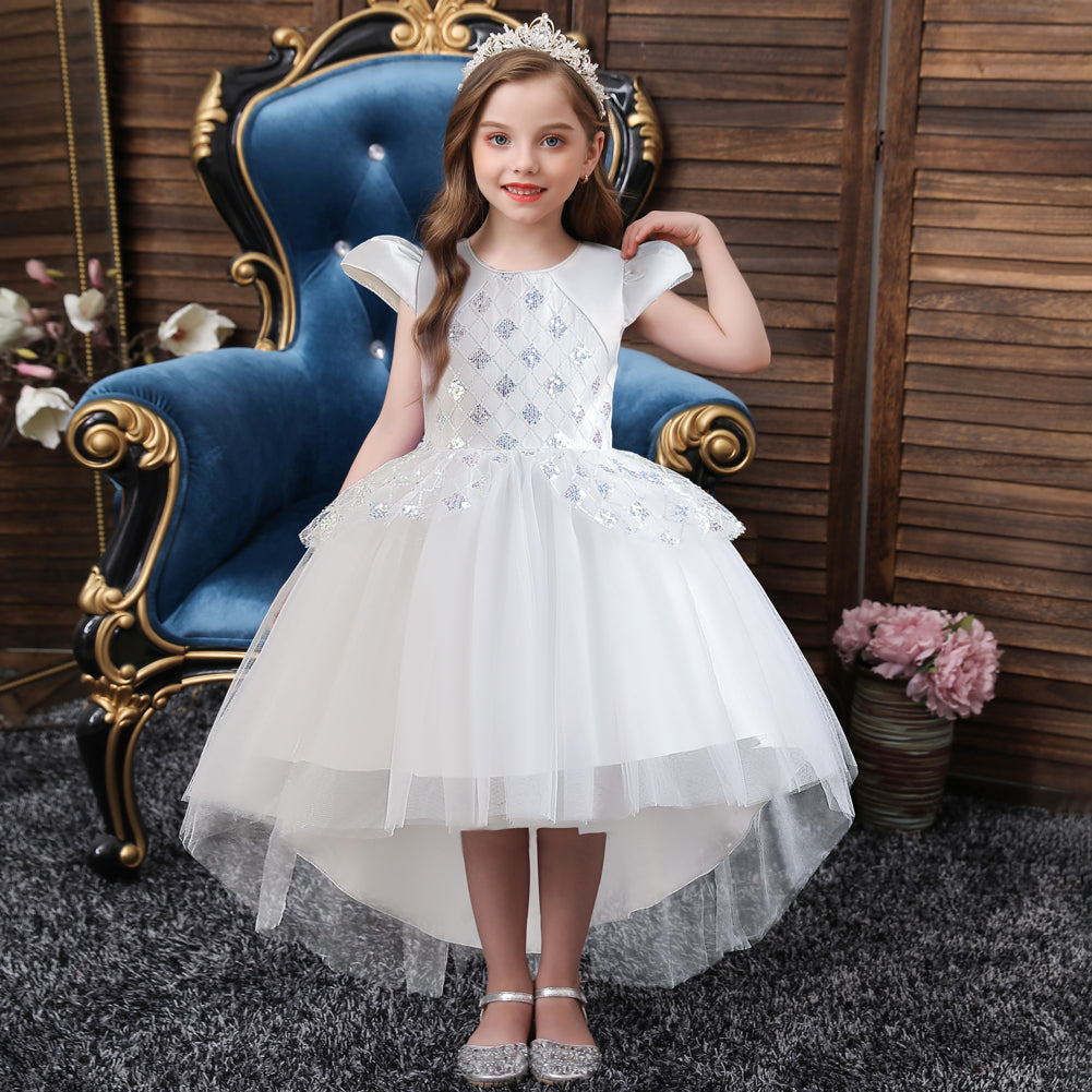 Girls White Embellished Puff Sleeves Sequinned Fit and Flare Dress