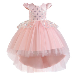 Girls Pink Embellished Puff Sleeves Ruffles Detail Fit and Flare Dress