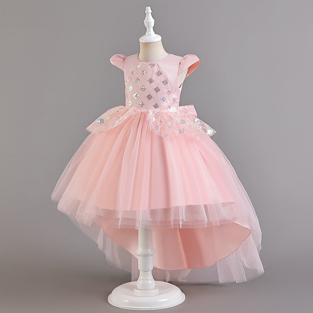 Girls Pink Embellished Puff Sleeves Ruffles Detail Fit and Flare Dress