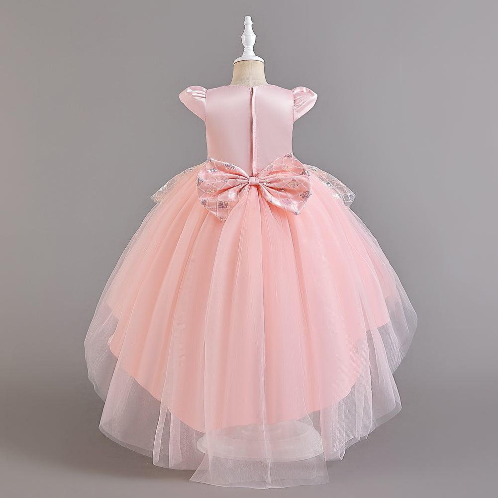 Girls Pink Embellished Puff Sleeves Ruffles Detail Fit and Flare Dress