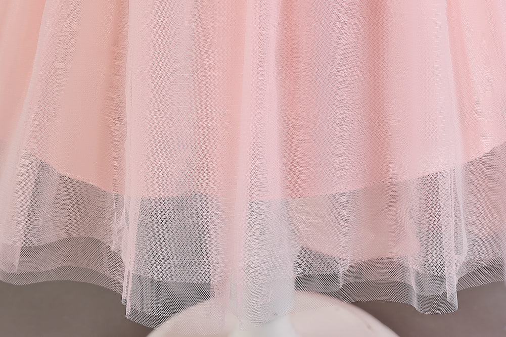 Girls Pink Embellished Puff Sleeves Ruffles Detail Fit and Flare Dress