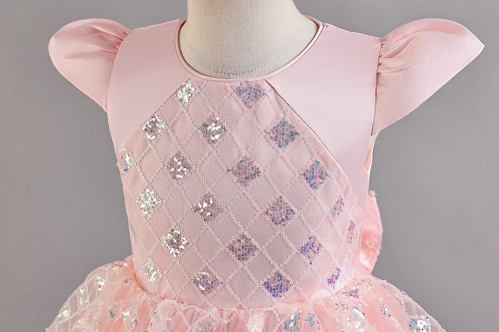 Girls Pink Embellished Puff Sleeves Ruffles Detail Fit and Flare Dress