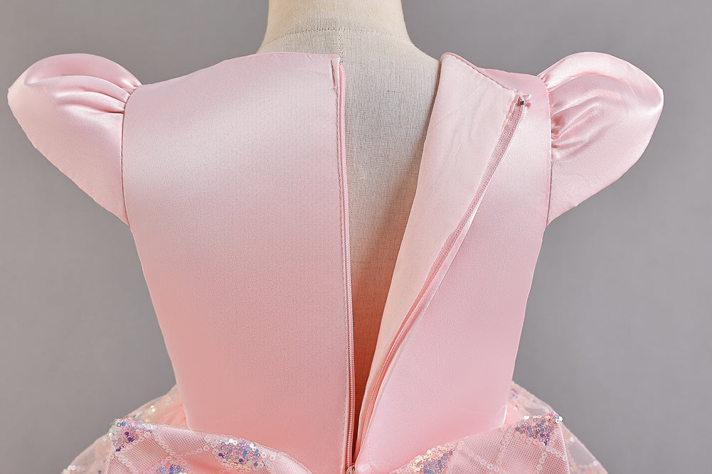 Girls Pink Embellished Puff Sleeves Ruffles Detail Fit and Flare Dress