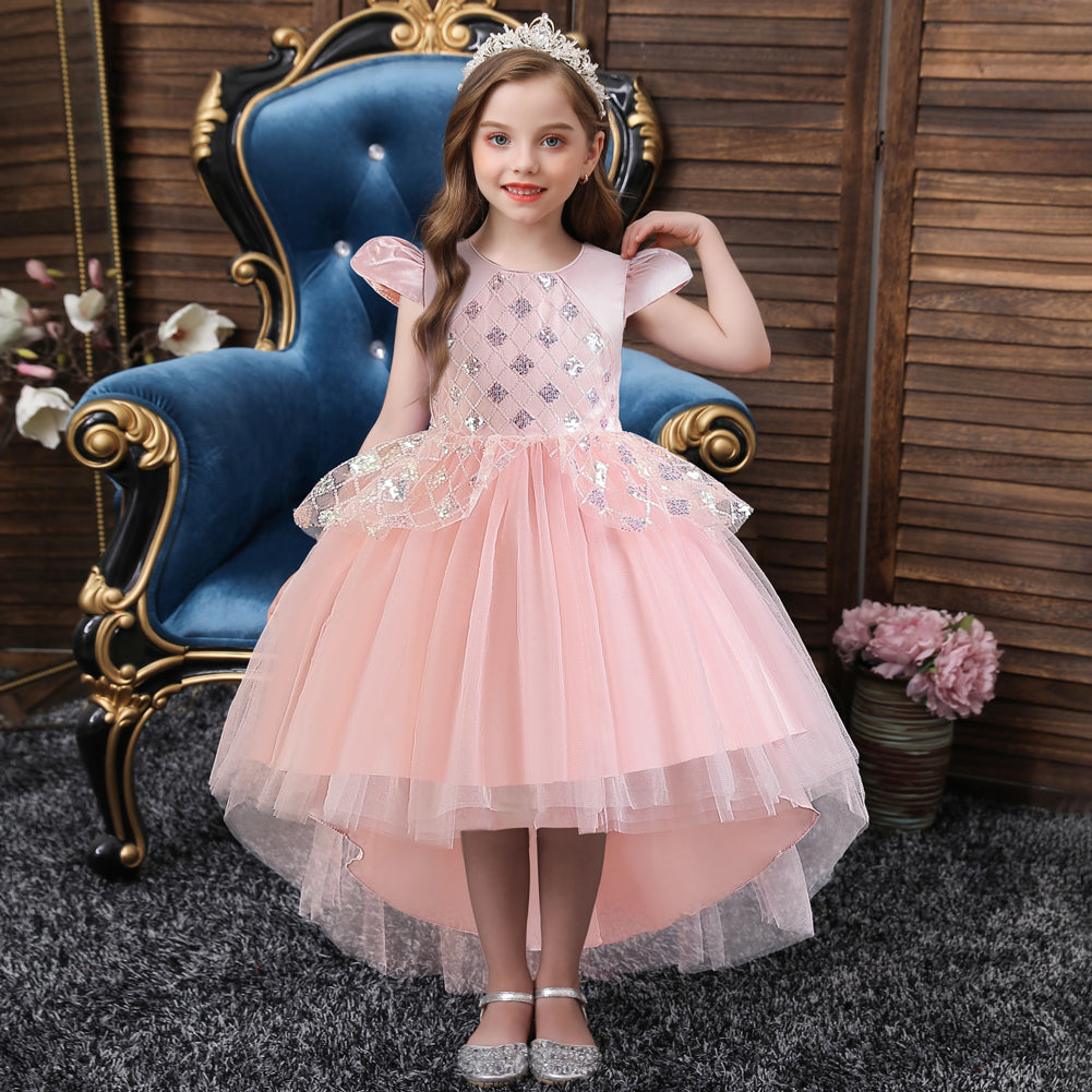 Girls Pink Embellished Puff Sleeves Ruffles Detail Fit and Flare Dress