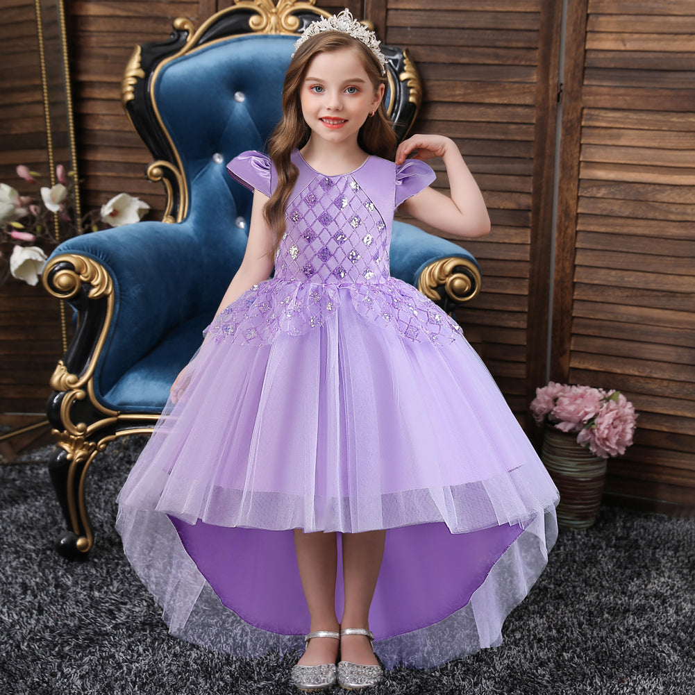 Girls Purple Embellished Sequined Balloon Maxi Dress