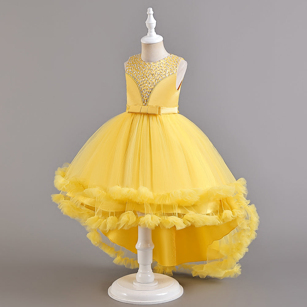 Girls Yellow Ruffled Embellished Balloon Midi Dress