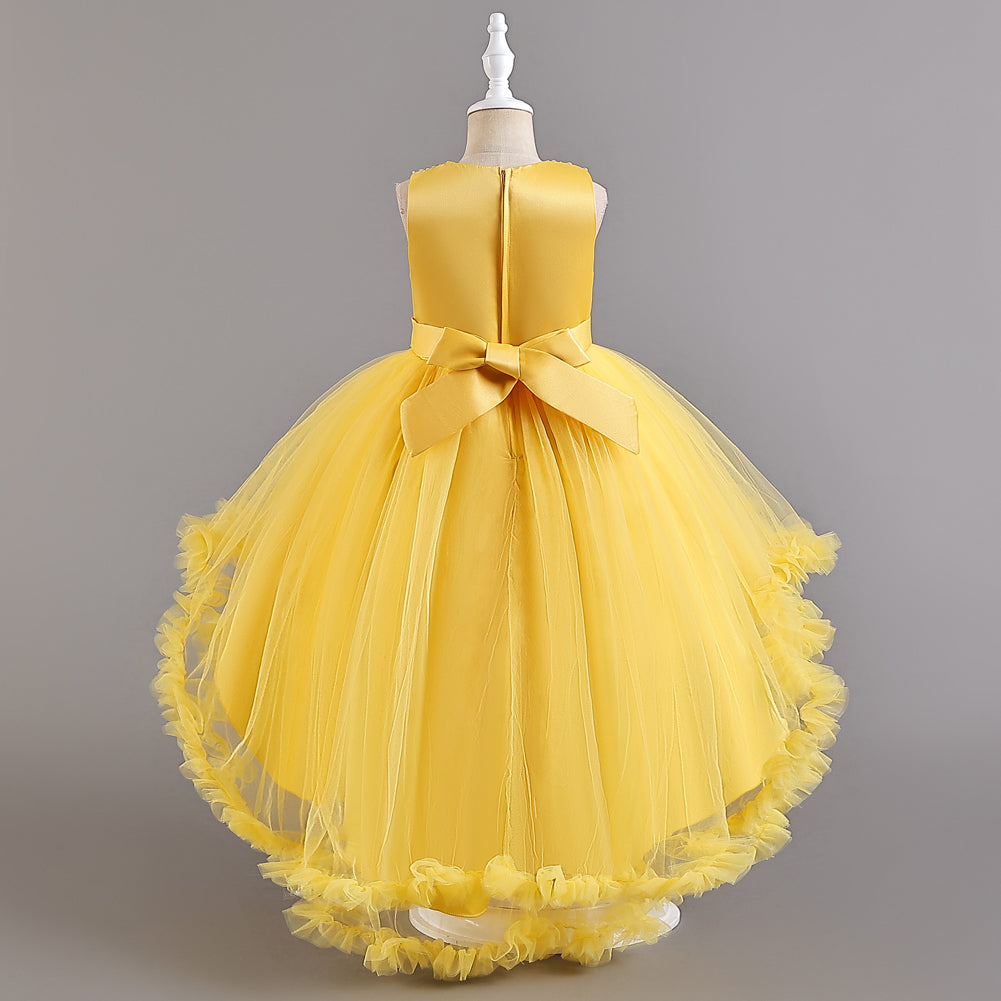 Girls Yellow Ruffled Embellished Balloon Midi Dress