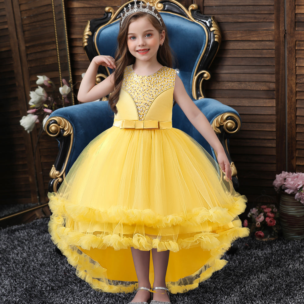 Girls Yellow Ruffled Embellished Balloon Midi Dress