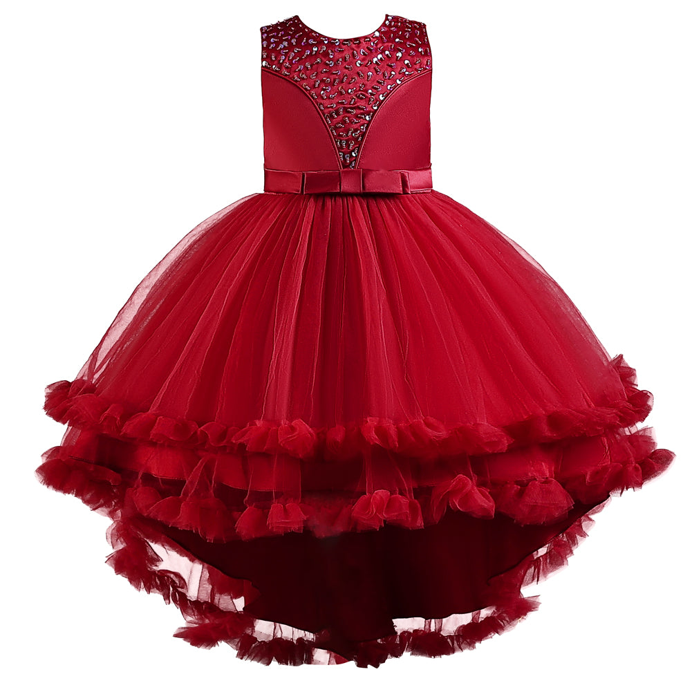 Girls Maroon Embellished High-Low Maxi Gown Dress