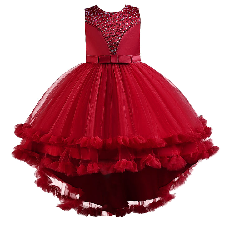 Girls Maroon Embellished High-Low Maxi Gown Dress