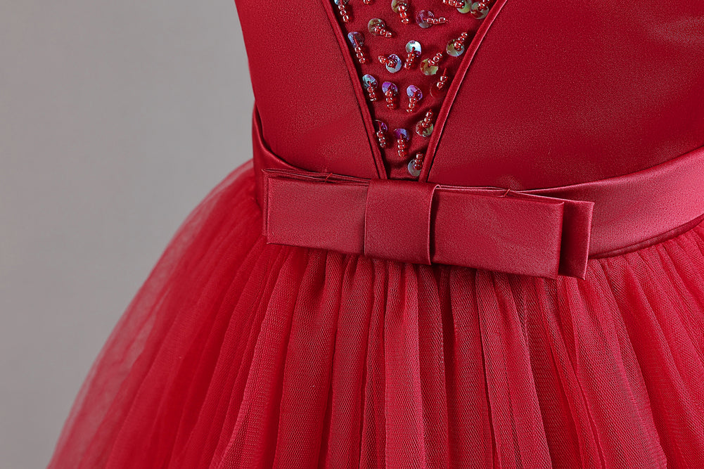 Girls Maroon Embellished High-Low Maxi Gown Dress