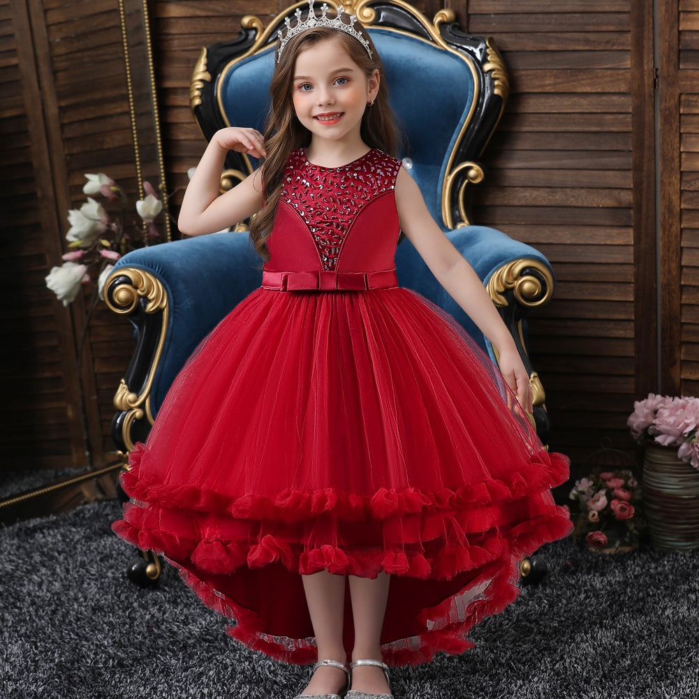 Girls Maroon Embellished High-Low Maxi Gown Dress